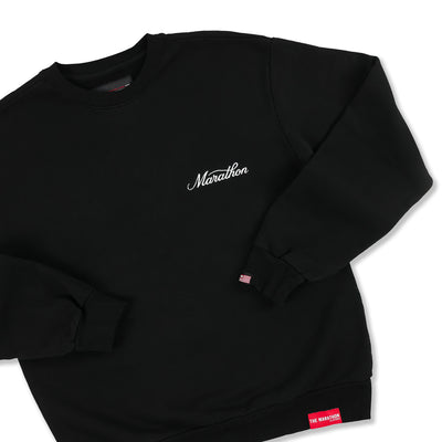 Marathon 3D Embroidered Stacked Script Crewneck - Black/White - Front Detail