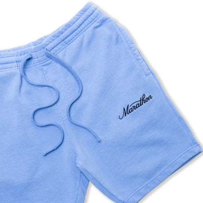 Marathon Classic Script Sweatshorts - Powder Blue/Black - Detail