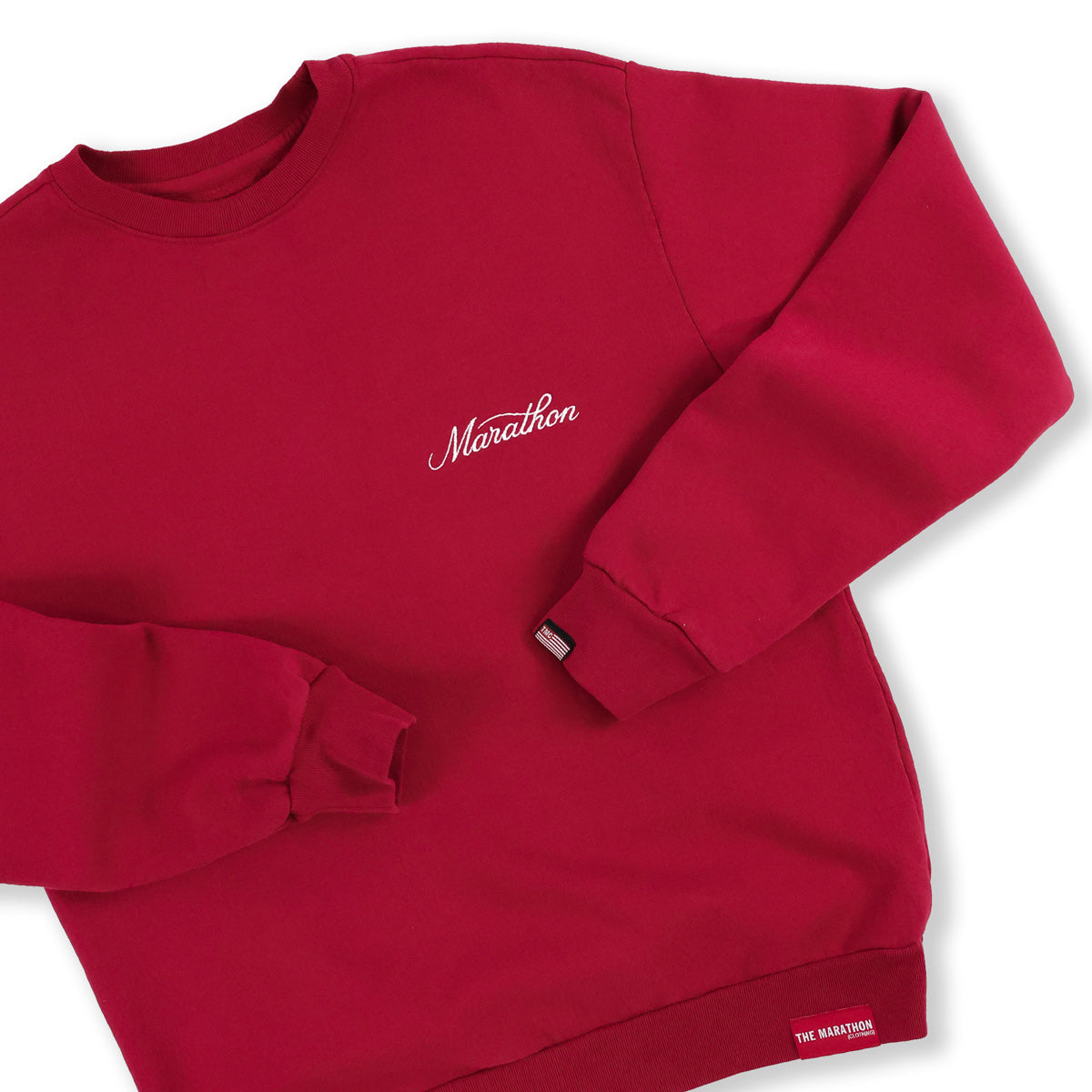 Marathon 3D Embroidered Stacked Script Crewneck - Crimson/White - Front Detail