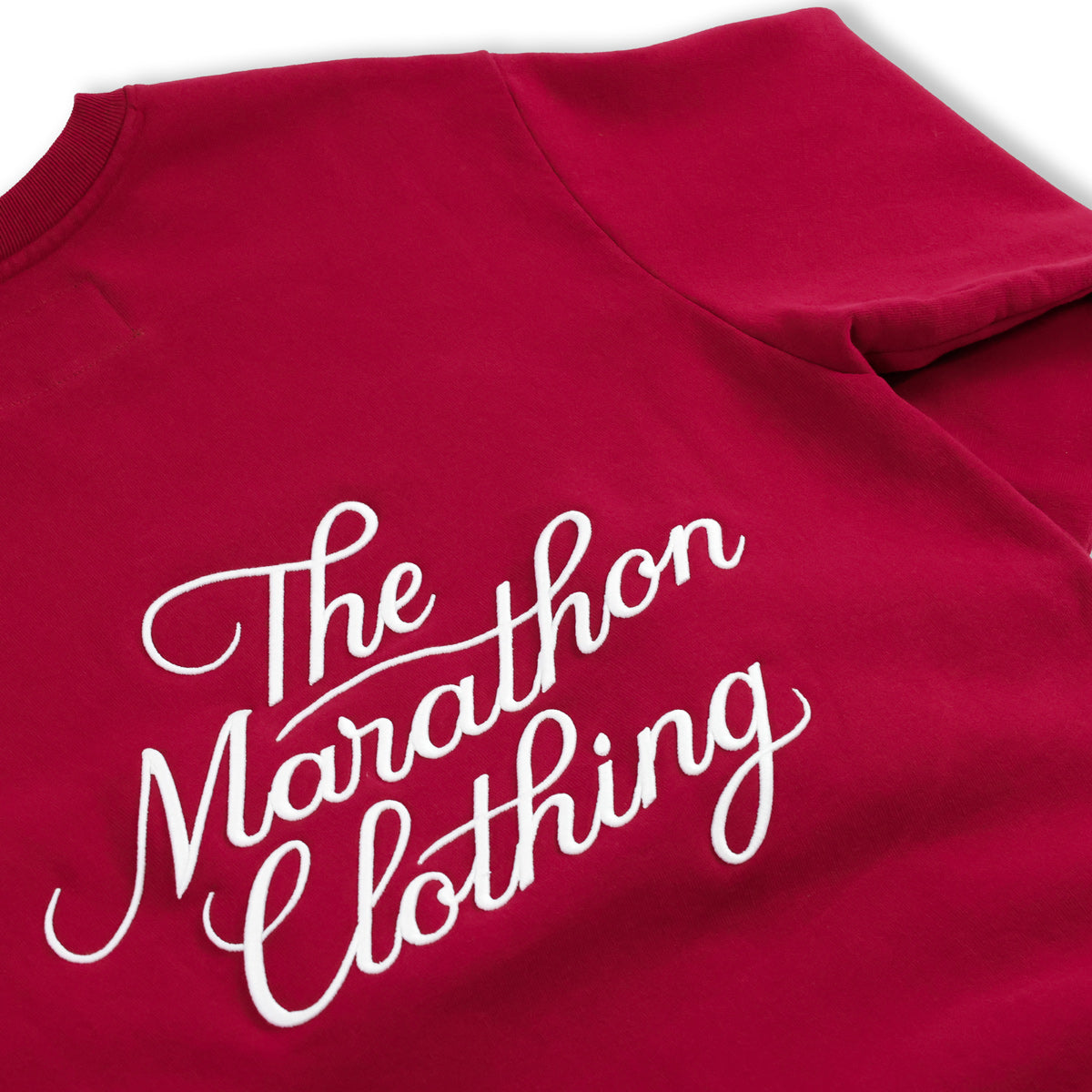 Marathon 3D Embroidered Stacked Script Crewneck - Crimson/White - Back Detail