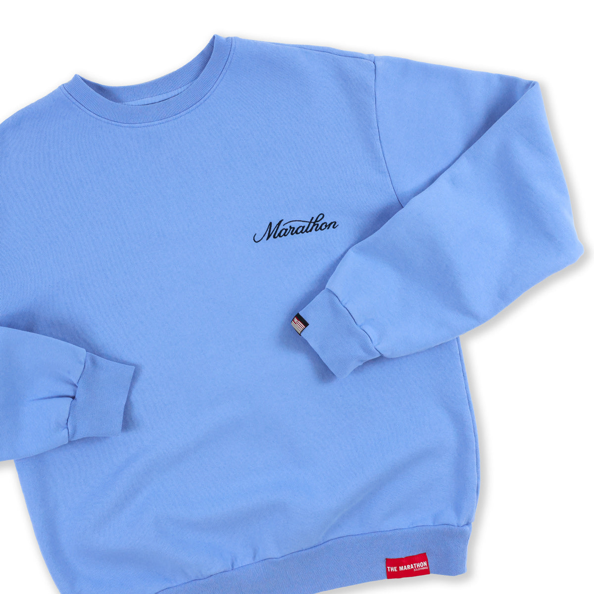 Marathon 3D Embroidered Stacked Script Crewneck - Powder Blue/Black - Front Detail